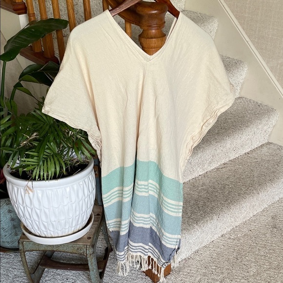 Tribe Alive Cream and Blue Accent Beach Kimono Swim Cover - Picture 2 of 14